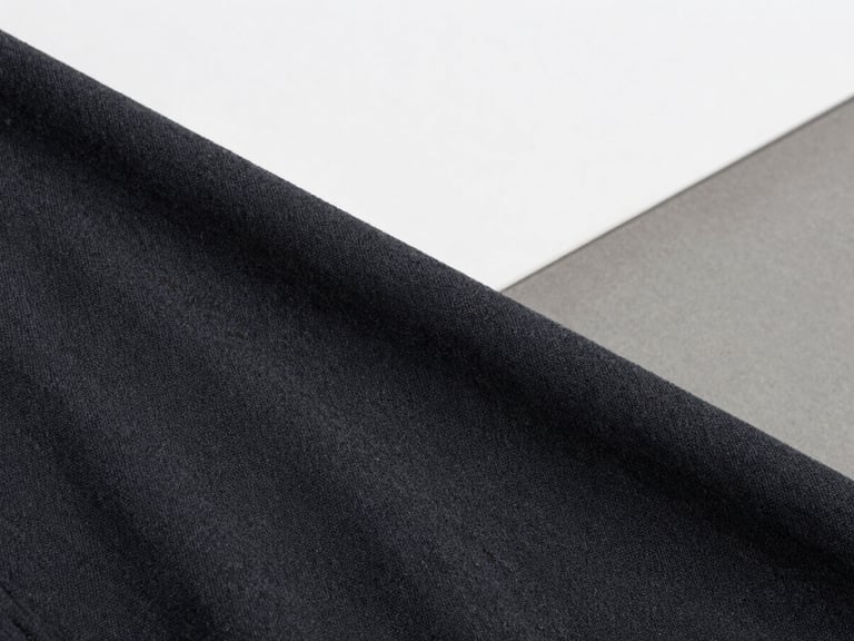 Close-up of heavyweight dark charcoal cotton fabric texture, sharp overcast daylight, architectural framing, 35mm