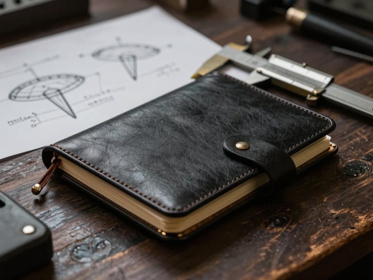 Macro photograph of a black leather notebook open on a dark oak workbench, technical drawings and brass calipers nearby, moody side-lighting, shallow depth of field
