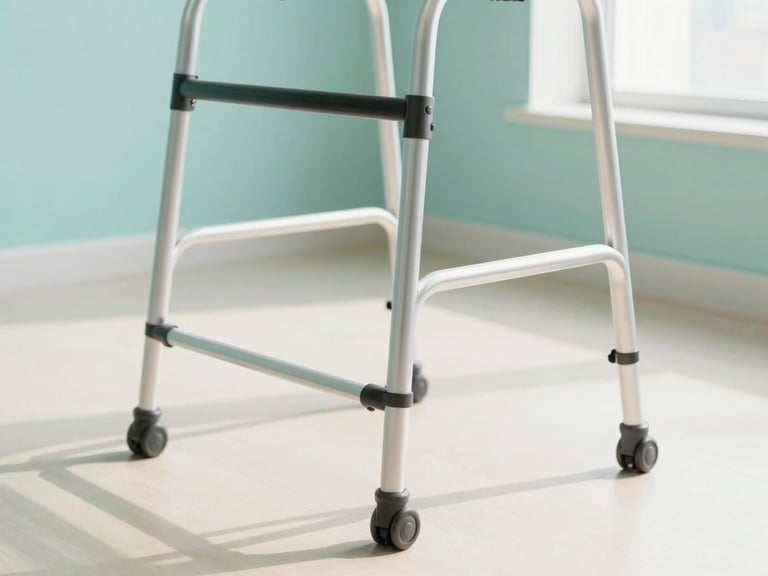 Close-up of a modern lightweight aluminum walker standing on a clean light floor, soft window light casting gentle shadows, sterile teal accent wall in the background.