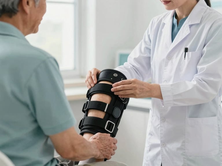 Medium shot of a helpful pharmacist carefully adjusting a high-quality orthopedic knee brace on an elderly patient, bright natural daylight, clean clinical setting.