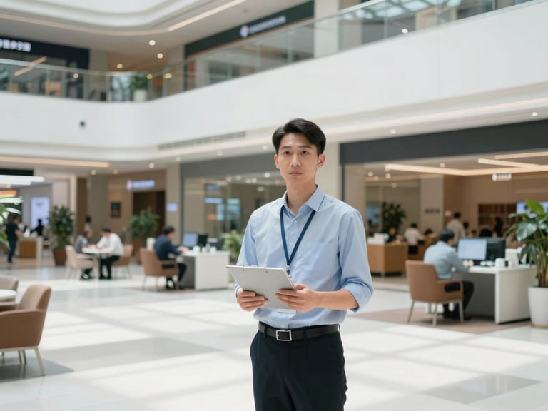 Wide environmental portrait of a professional Facility Manager in a clean, modern business mall lobby, overseeing operations, natural daylight, crisp colors, 35mm.