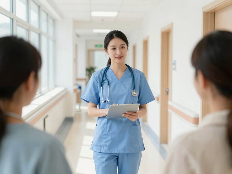 Wide environmental portrait of a professional female Patient Care Assistant in a clean, bright hospital corridor, interacting with a patient, natural daylight, crisp colors, 35mm.