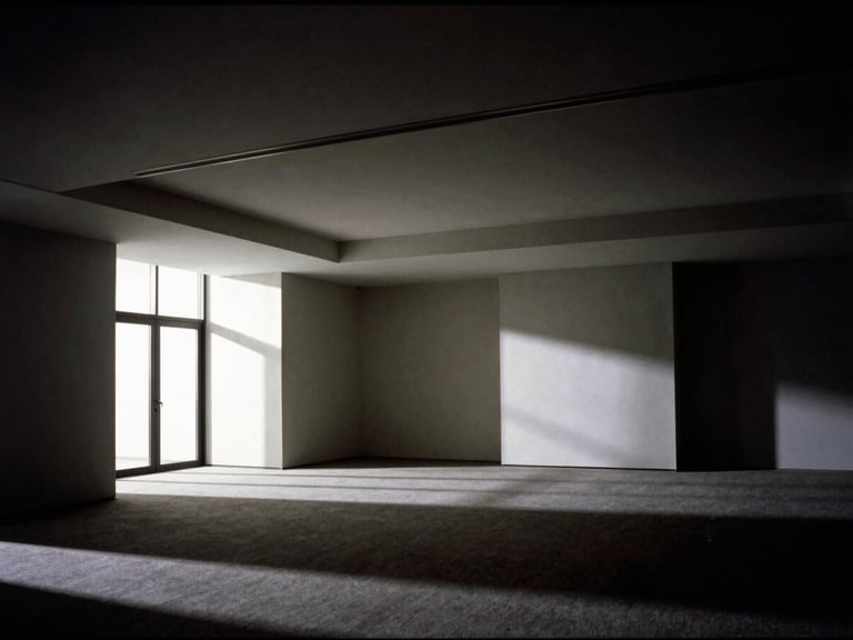 An empty modern press room with architectural lines, dramatic chiaroscuro lighting, deep shadows, sharp focus, 35mm film grain
