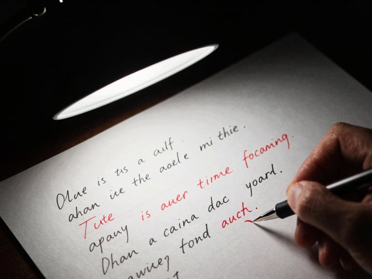 A close-up of hand-written speech edits under a harsh desk lamp, red ink corrections, high-contrast chiaroscuro, 35mm film grain
