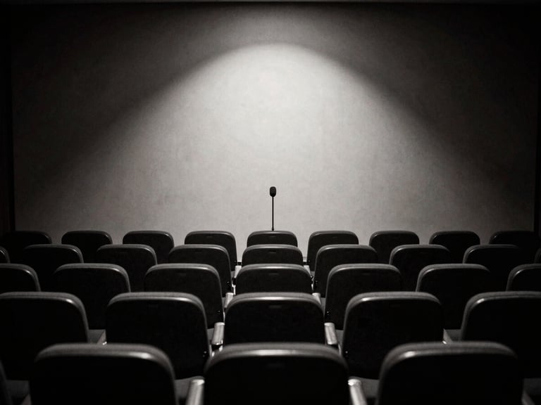 Dramatic environmental wide shot of an empty press conference room, rows of dark empty chairs facing a single microphone under a harsh spotlight, high-contrast chiaroscuro, deep charcoal tones, 35mm film grain.