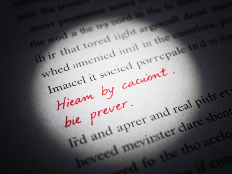 Extreme close-up of a hand-written speech draft with heavy red ink edits, dramatic spotlight, high-contrast chiaroscuro, sharp focus.