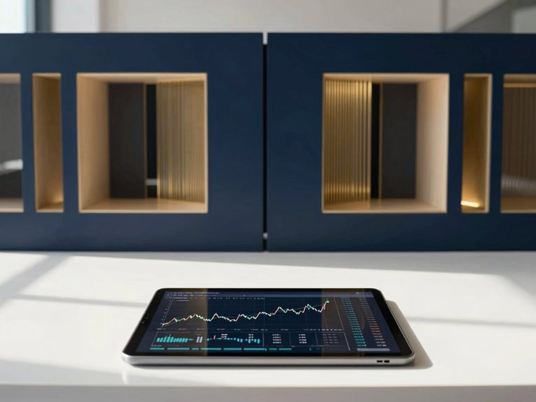 Modern sunlit workspace environment with clean desk setup, digital tablet showing financial charts, architectural symmetry, sharp focus, 35mm