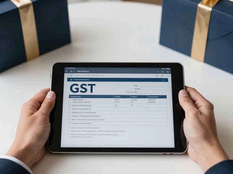 Close-up of hands interacting with a digital tablet displaying GST forms, clean desk setup, bright natural daylight, architectural symmetry, 35mm
