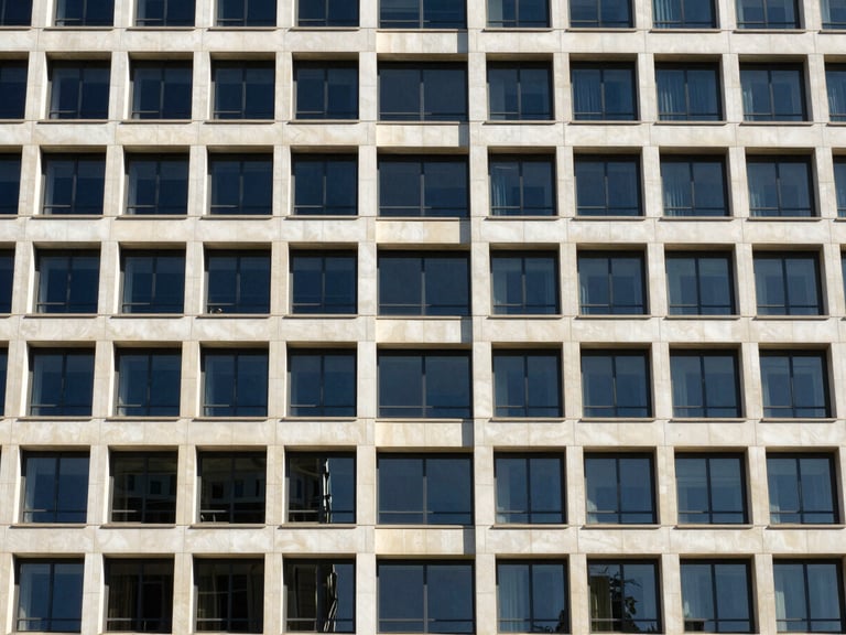 Close-up of architectural details of a modern corporate building, clean lines, geometric symmetry, bright daylight, 35mm
