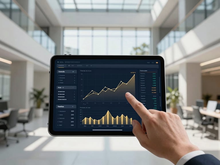 Close-up of a digital tablet displaying a sophisticated financial dashboard, with a professional hand pointing to a growth chart in a sunlit modern office, architectural symmetry, 35mm.