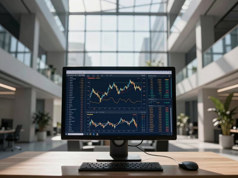 Professional looking at a monitor with complex financial data, modern sunlit office, deep navy and subtle gold tones, sharp focus, 35mm