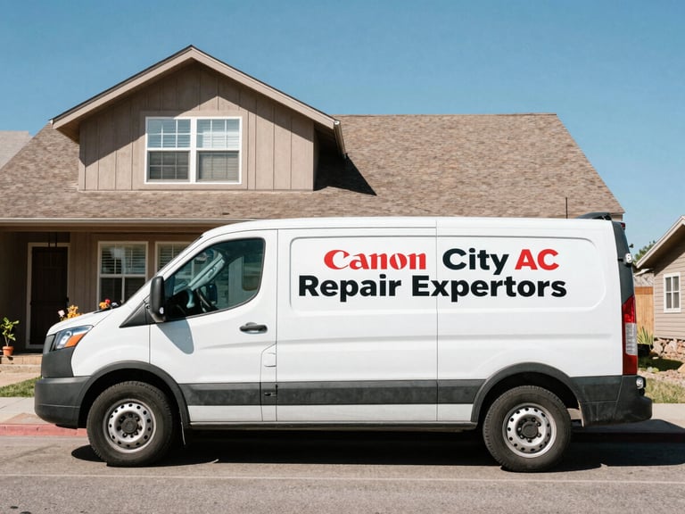 Crisp documentary photo of a Canon City AC Repair Experts service van, clean and branded, parked in front of a typical Cañon City home under bright Colorado midday sunlight.