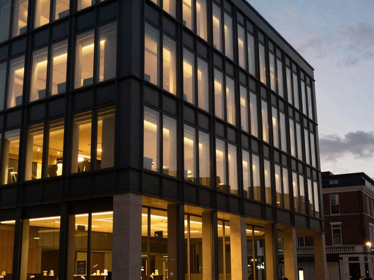 Low-key moody architectural shot of a modern commercial office exterior in Somerset at dusk, warm gold lights glowing from windows, sharp focus