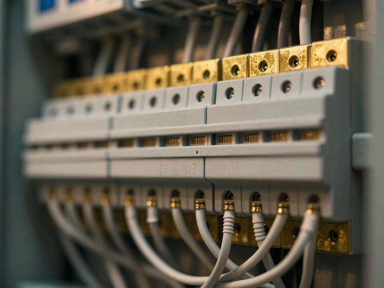 Macro close-up of a neatly wired commercial electrical distribution board, warm brass highlights, clean organized cables, shallow depth of field