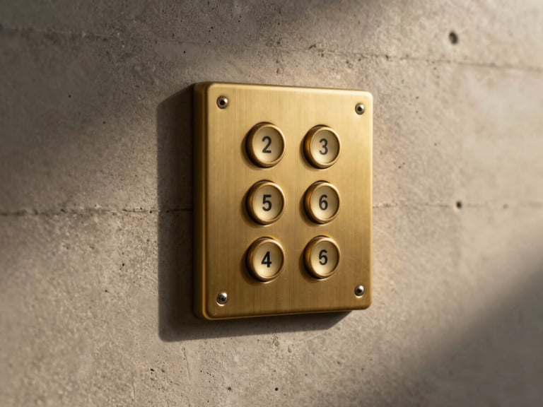Extreme close-up of a flush-mounted single-gang brass keypad integrated seamlessly into a raw concrete wall, warm low-temperature architectural lighting casting soft shadows.