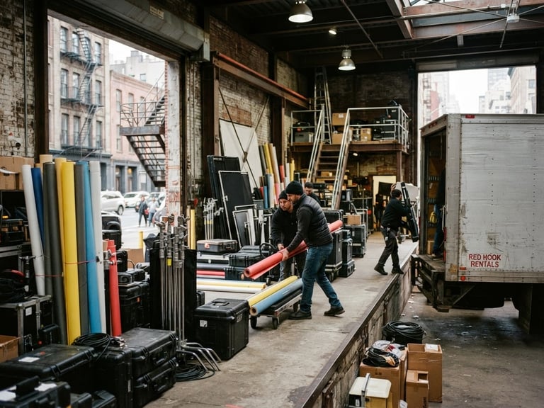 Wide-angle shot of a busy loading dock in an industrial Flatiron warehouse, stacked with seamless paper rolls and lighting equipment, sharp high-contrast studio light, rich saturated colors, crisp depth of field, 35mm