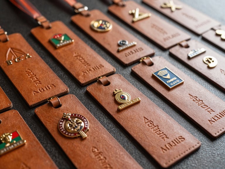 Close-up of premium embossed leather event badges and custom metal pins on a dark textured surface, sharp focus, dramatic lighting