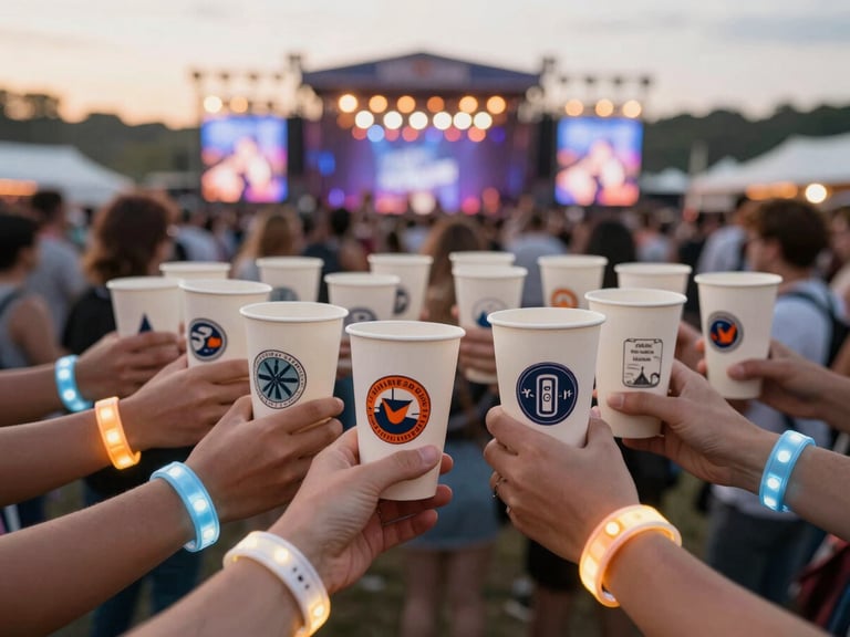 Close-up of glowing LED wristbands and custom printed biodegradable cups at a lively evening music festival, warm stage glow
