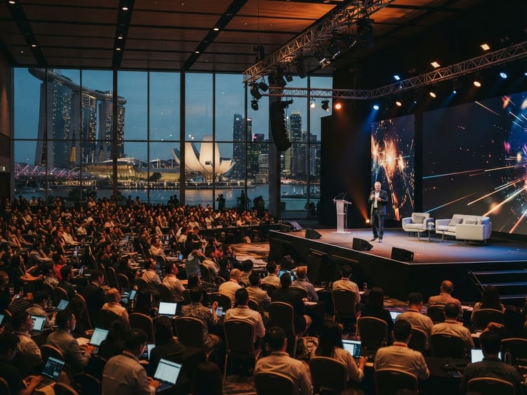 Wide environmental shot of a high-production corporate summit in Singapore, dramatic stage lighting, professional 35mm lens, warm editorial photography