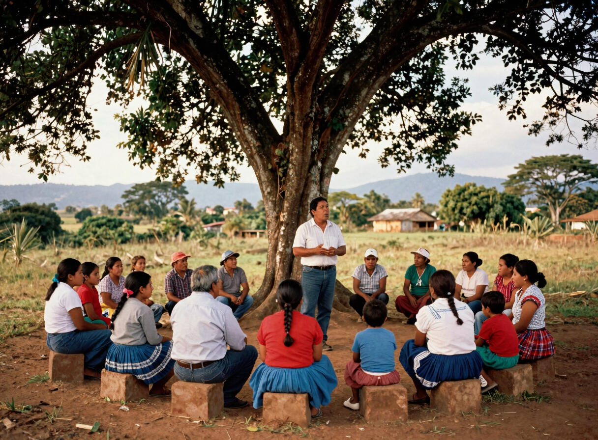 Community assembly under a large tree in a rural Colombian village, local leaders speaking, children playing nearby, warm documentary photography, natural light, 35mm film style.
