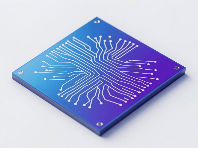 Macro shot of a silicon wafer with intricate neural network patterns, cool blue and white tones