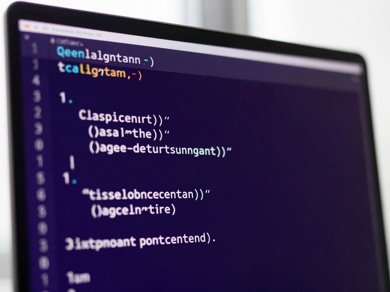 Close-up of code on a high-resolution screen, showing quantum algorithm simulation, bright natural daylight