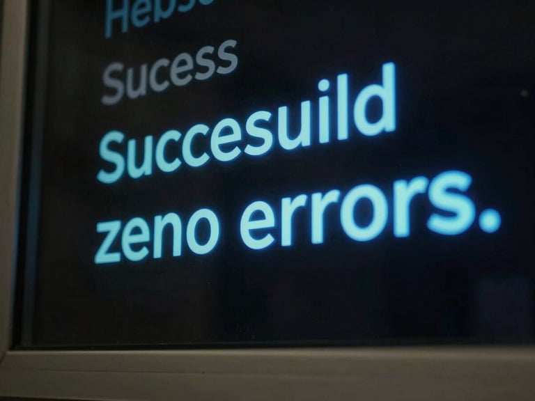 Close-up of a clean terminal window displaying a successful build output, neon electric blue text, zero errors, high-contrast dark mode.