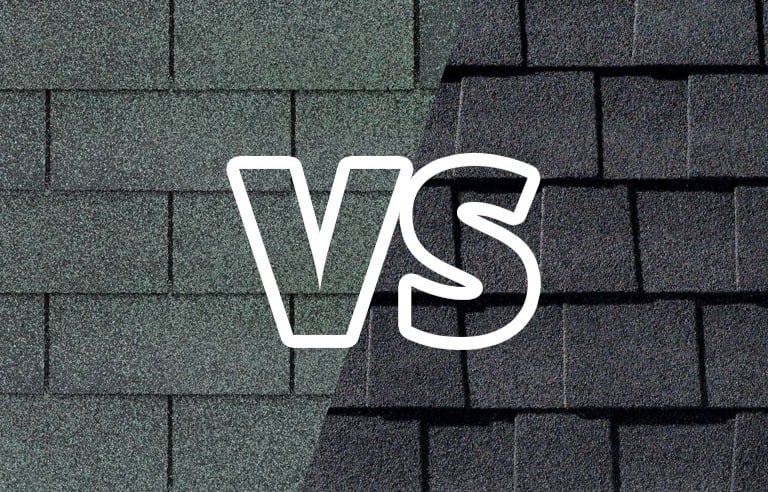 Side-by-side view of regular and architectural roof shingle on a shed built in Halifax, Massachusetts for enhanced protection