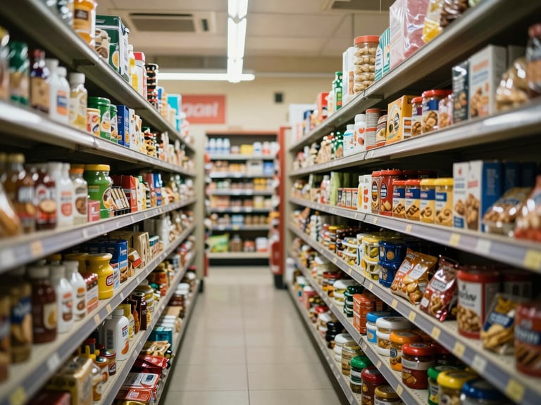 Wide environmental shot of a well-stocked local grocery store aisle in New Delhi, warm ambient lighting, rows of neatly organized household goods and packaged foods.