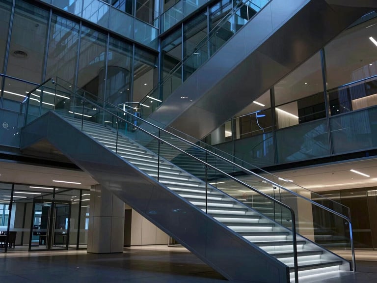Sleek corporate technology photography showing high-end modern architectural glass staircase in a corporate headquarters, low-key ambient lighting, 35mm lens.