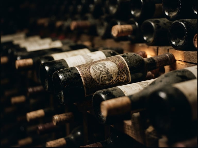 A close-up of premium wine bottle labels resting in a dark, temperature-controlled cellar with warm amber lighting, shallow depth of field, 35mm film look