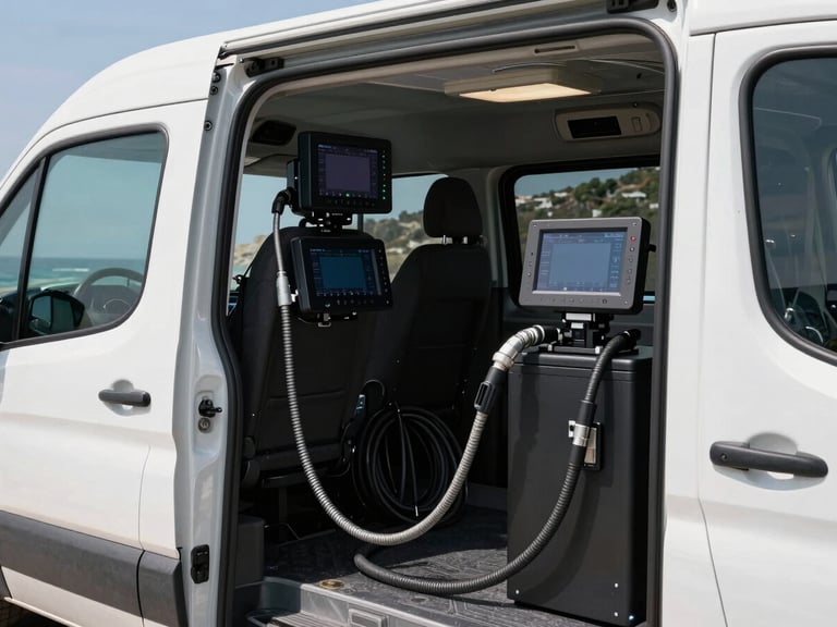 Inside a clean, organized service van parked near a coastal property, showing neatly mounted digital inspection screens and coiled high-pressure hoses.