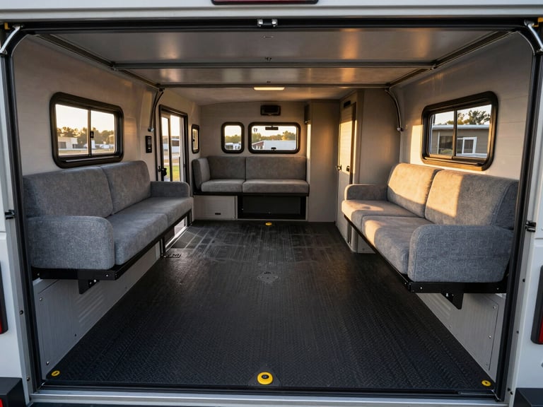 Detailed wide-angle shot of the clean interior garage of the Wolfpack toy hauler, showing the rubberized floor, tie-down points, and folded sleeper sofas.