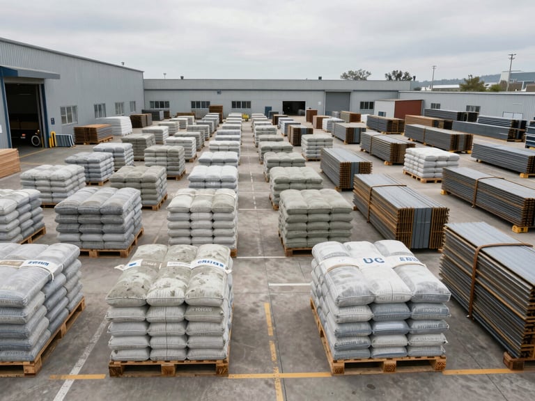 Wide environmental shot of an organized warehouse material yard, pallets of cement bags and steel sections arranged in labeled rows, overcast daylight, loading dock visible at far end, depth of stock apparent