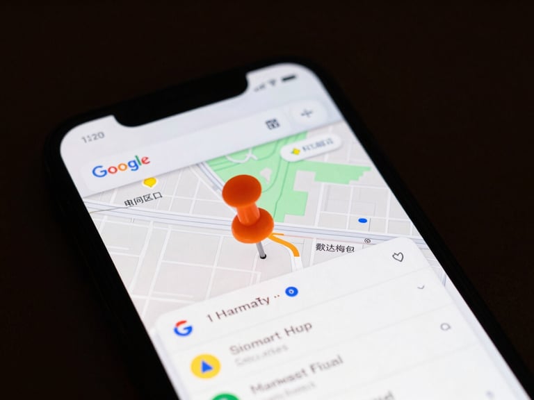 Close-up of a smartphone screen displaying Google Maps search results for a local business, with a bright orange pin and a map, moody professional tone, high contrast.