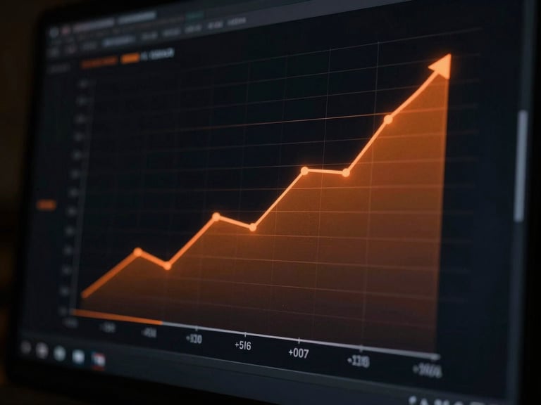 Digital dashboard on a dark screen showing a growth graph with an upward trend, subtle orange light reflecting, high contrast, moody professional tone.