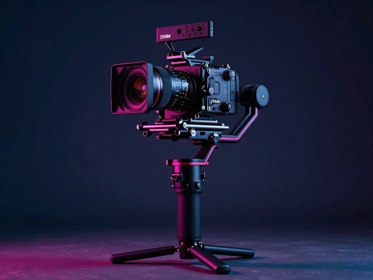 Cinematic editorial photography of a high-end camera rig on a stabilizer, dramatic low-key lighting, deep navy and neon fuchsia accents, high contrast, 35mm