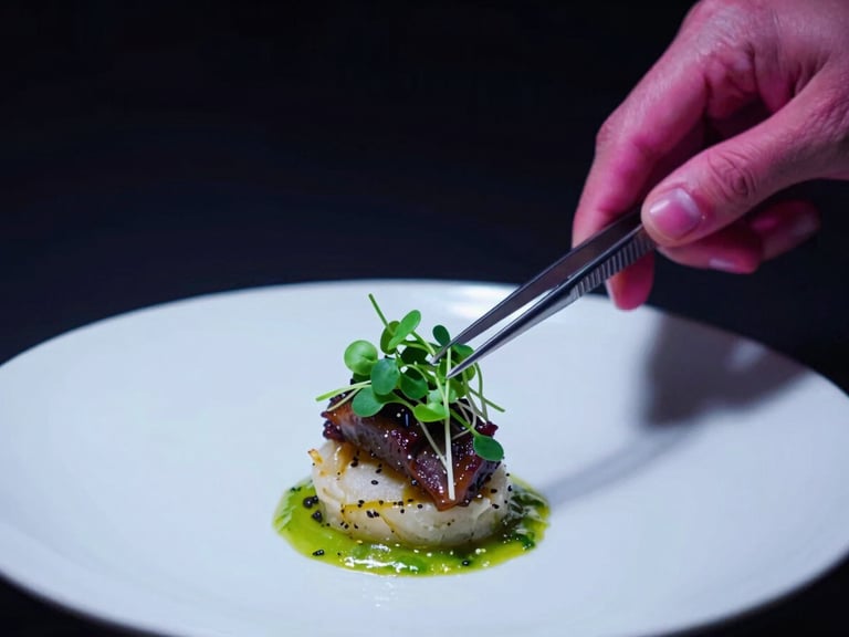 Close-up of an artisan dish being plated under dramatic spotlighting, micro-greens placed with tweezers, dark moody background, high contrast, 35mm