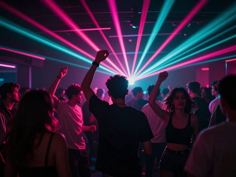 Vibrant night club crowd dancing under neon fuchsia and deep cyan laser lights, cinematic low-key lighting, motion blur, immersive atmosphere