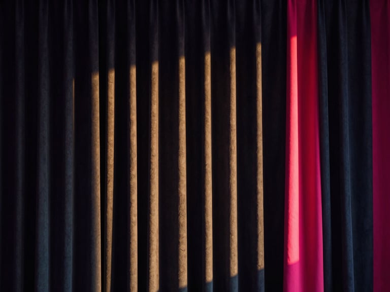 Dramatic interior of a luxury boutique hotel suite, warm golden hour light slicing through dark navy curtains, high contrast, cinematic architectural photography