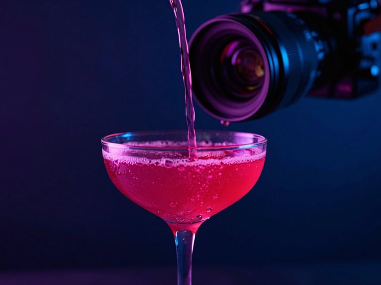 Close-up of a premium cocktail being poured under dramatic low-key neon fuchsia and deep blue lighting, sharp droplets, professional camera lens visible in the soft background.