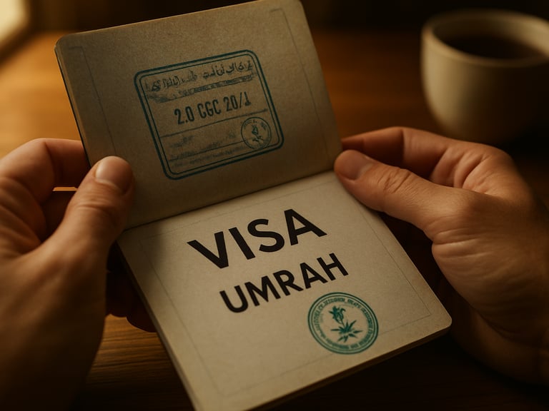 Close-up of hands holding an open passport next to a printed Umrah visa approval on a wooden desk, warm window light falling across the documents, a cup of tea blurred in the background, focused on the stamp and the official seal