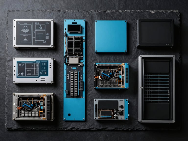 Structured top-down flat lay of technical schematics and server hardware components on a dark slate workbench, cool-toned directional lighting, minimalist engineering aesthetic