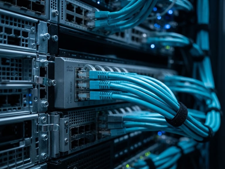 Macro photography of physical server hardware, cool-toned directional blue light, sharp focus on clean ethernet cabling, technical minimalism