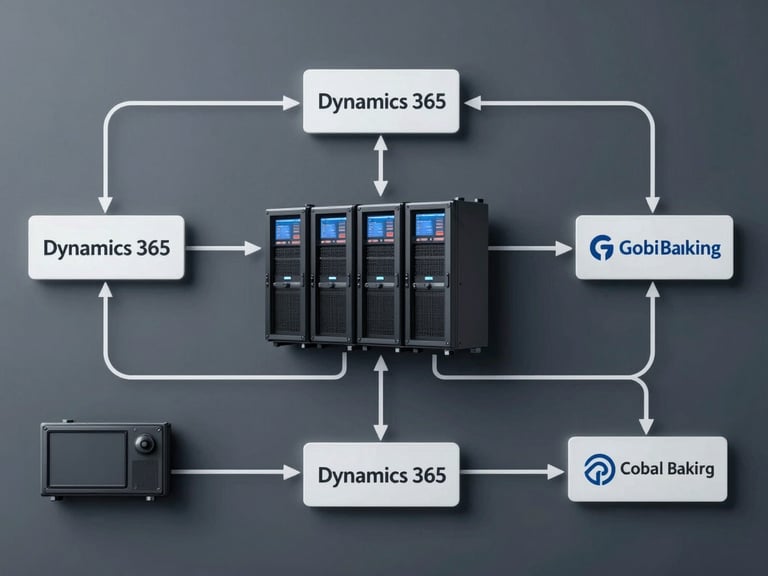 Abstract technical layout diagram illustrating direct data pipeline between Dynamics 365 and global banking servers, clean vector lines, cool slate tones.