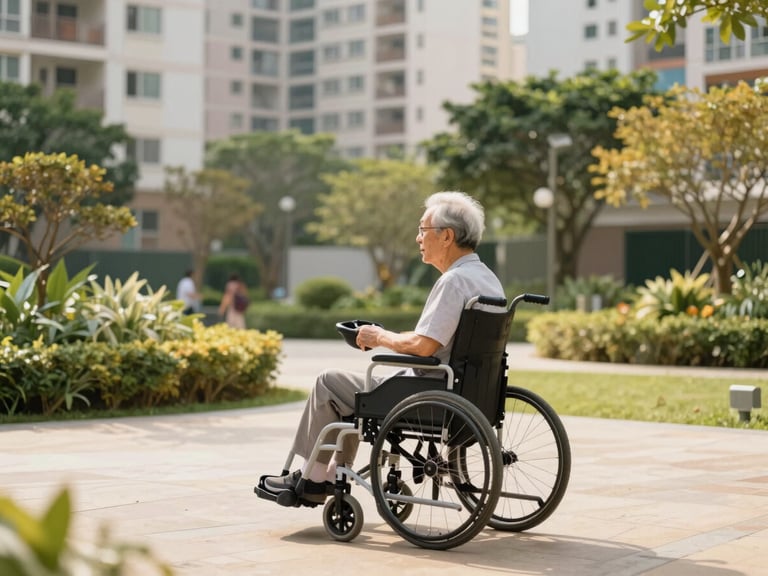 Side profile of an active Hong Kong senior steering a modern, compact electric wheelchair through a beautifully designed, barrier-free public housing garden, bright natural daylight, warm tones