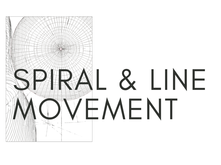 Minimalist graphic featuring a geometric white wireframe sphere and the text Spiral and Line Movement.