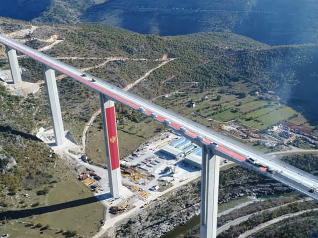 Aerial view of Moracica Bridge with flag of Montenegro Highway