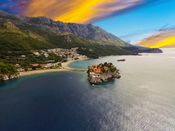 Aerial view of Sveti Stefan at Sunset