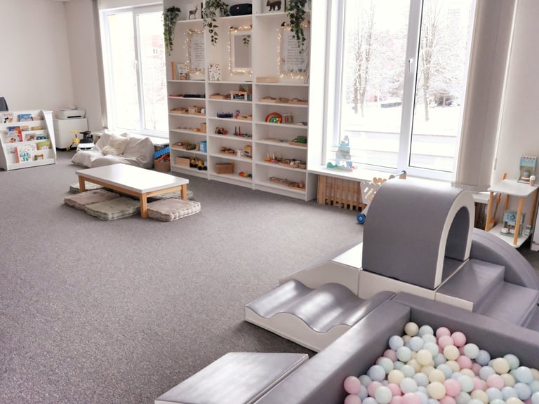 Kamuoliukų baseinas ir čiuožykla žaidimų kambaryje gimtadieniui Vilniuje